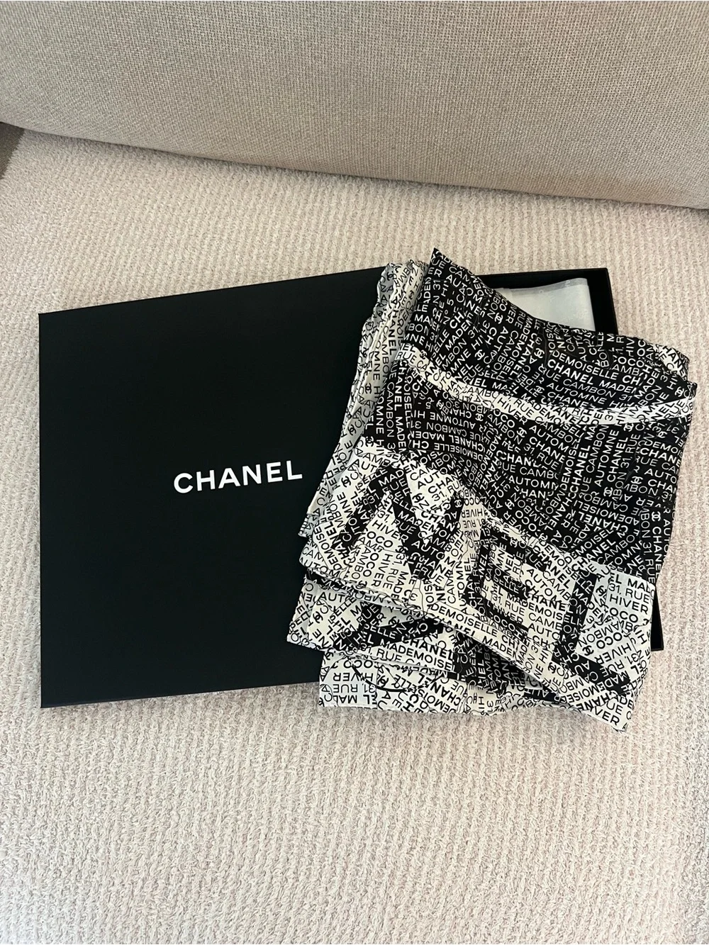 CHANEL Black and White Logo Silk Scarf